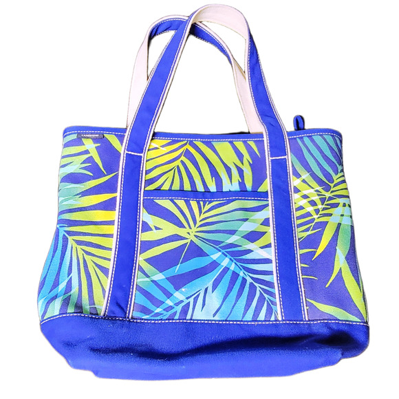 Lands End Canvas Zip Top Tote Bag Tropical Blue Dual 9" Handle Beach Shopper EUC - Picture 1 of 16